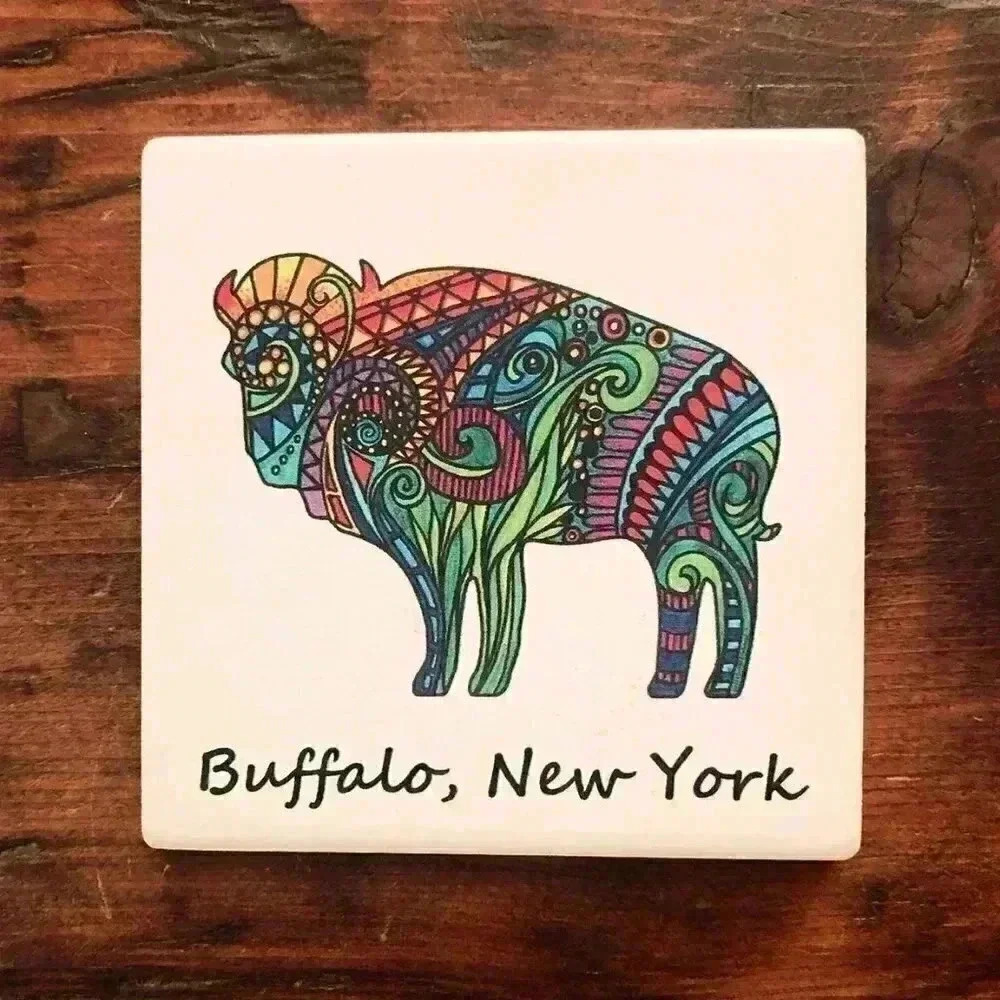 Ceramic Set of 4 Coasters Buffalo, NY with Artist-Drawn Buffalos NEW